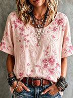 Women'S Cotton Linen Flower Short Sleeve Cotton Linen Shirt