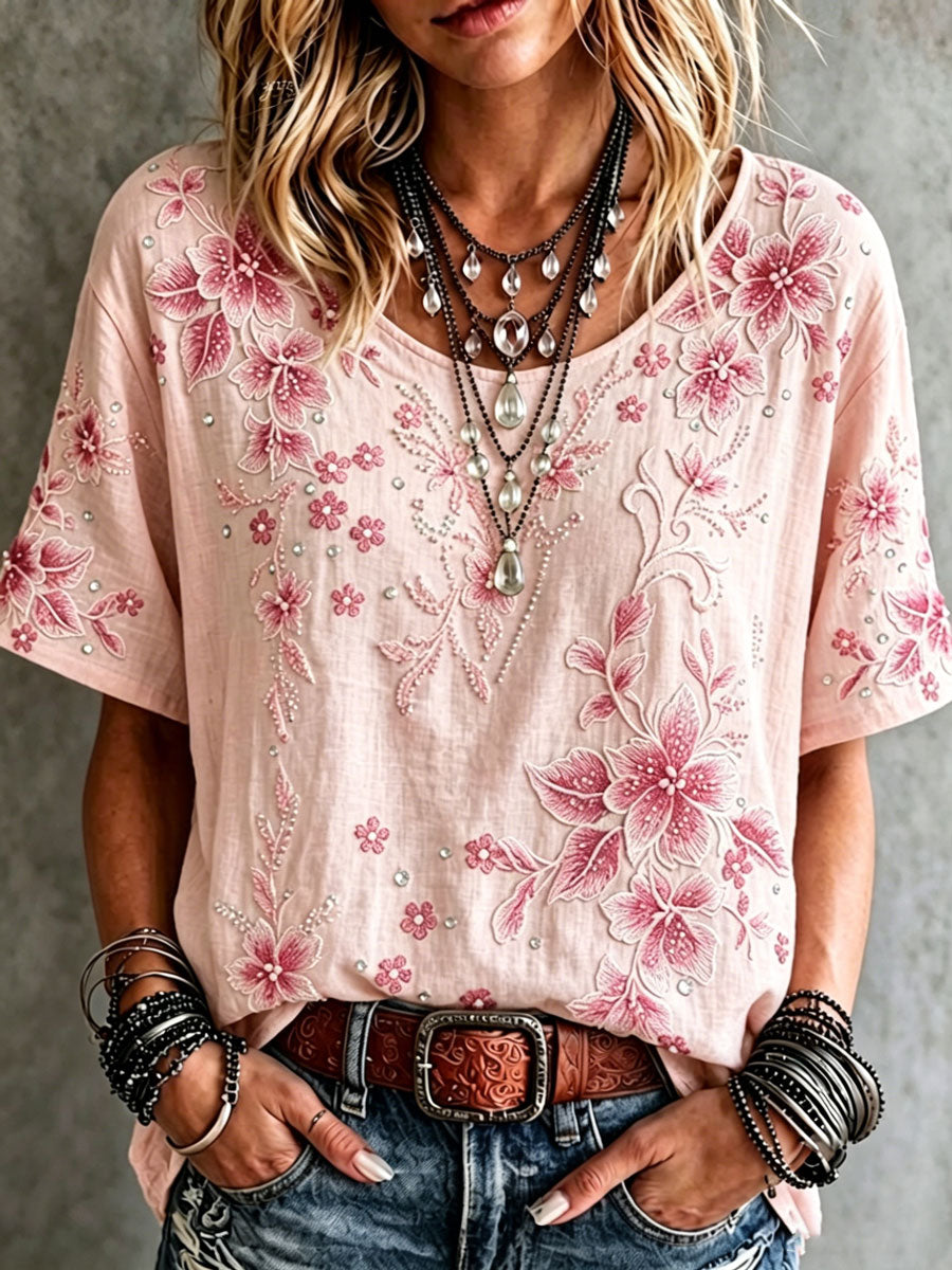 Women'S Cotton Linen Flower Short Sleeve Cotton Linen Shirt