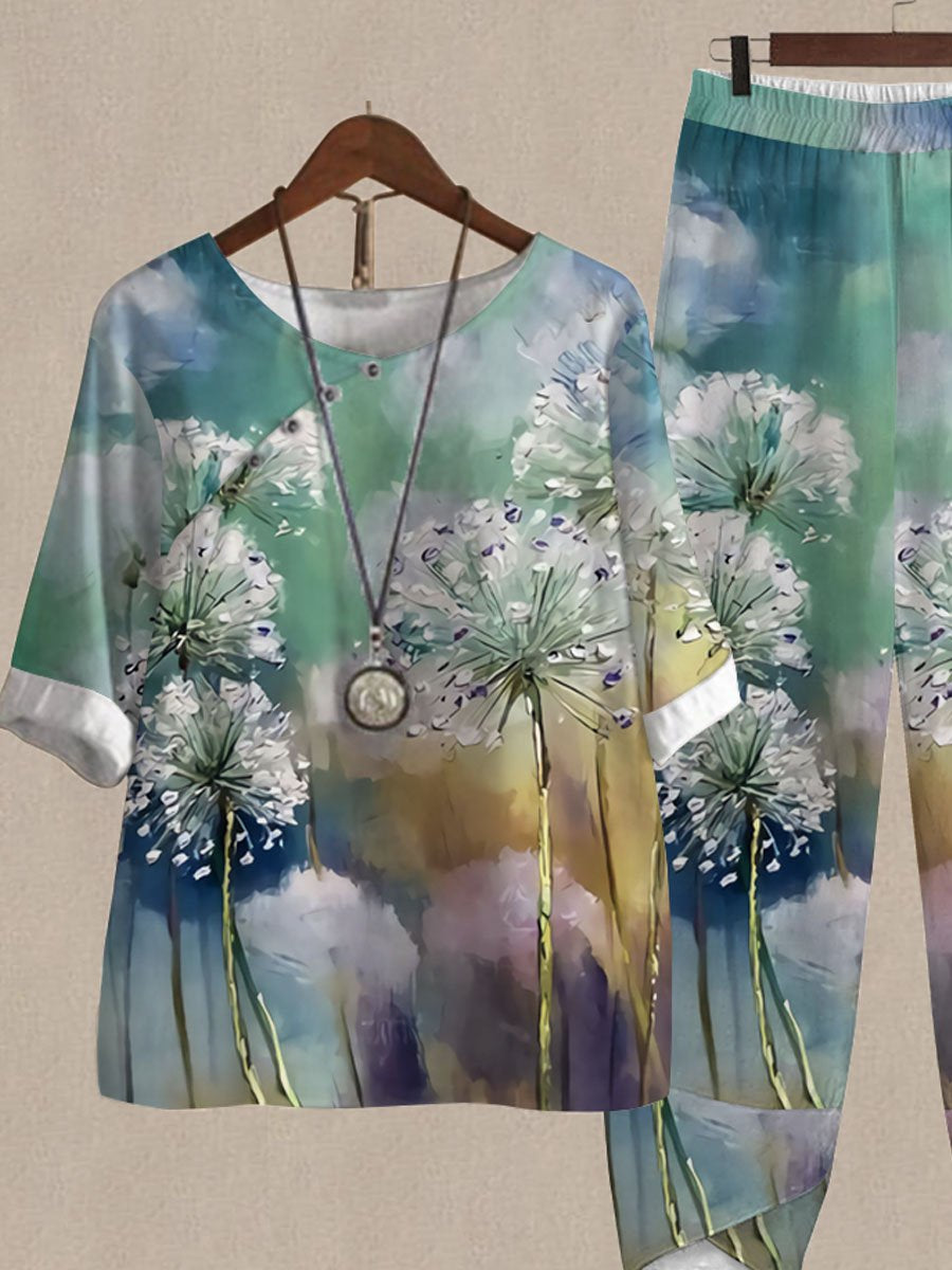 Oil Painting Dandelion Print Top And Pants Two-piece Suits