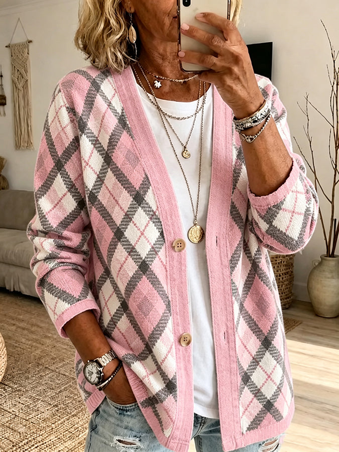 Women'S Pink Plaid Casual Cardigan