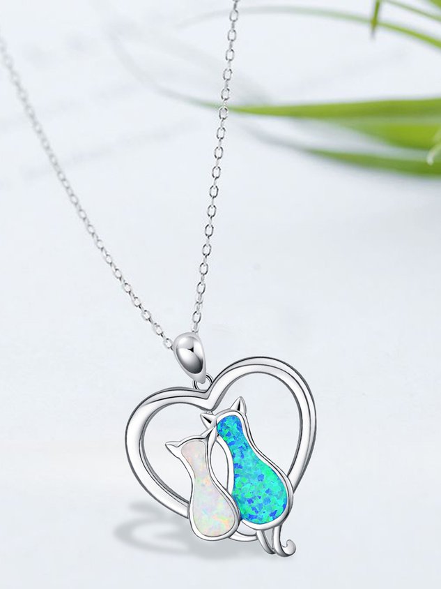 Contrast Color Opal Cat Heart Necklace Everyday Matching Pendant