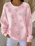 Women'S Casual Pink Paw Print Round Neck Long Sleeved Knitted Sportswear
