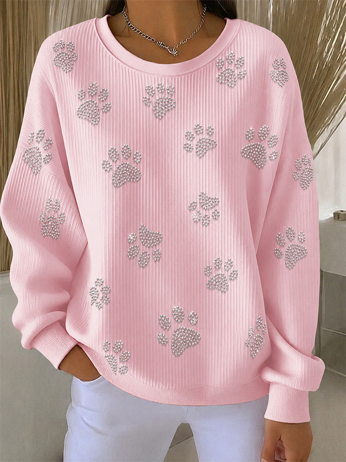 Women'S Casual Pink Paw Print Round Neck Long Sleeved Knitted Sportswear