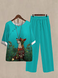 Women's Fox Print Half Sleeve Top And Wide Leg Pants Linen Two Pieces