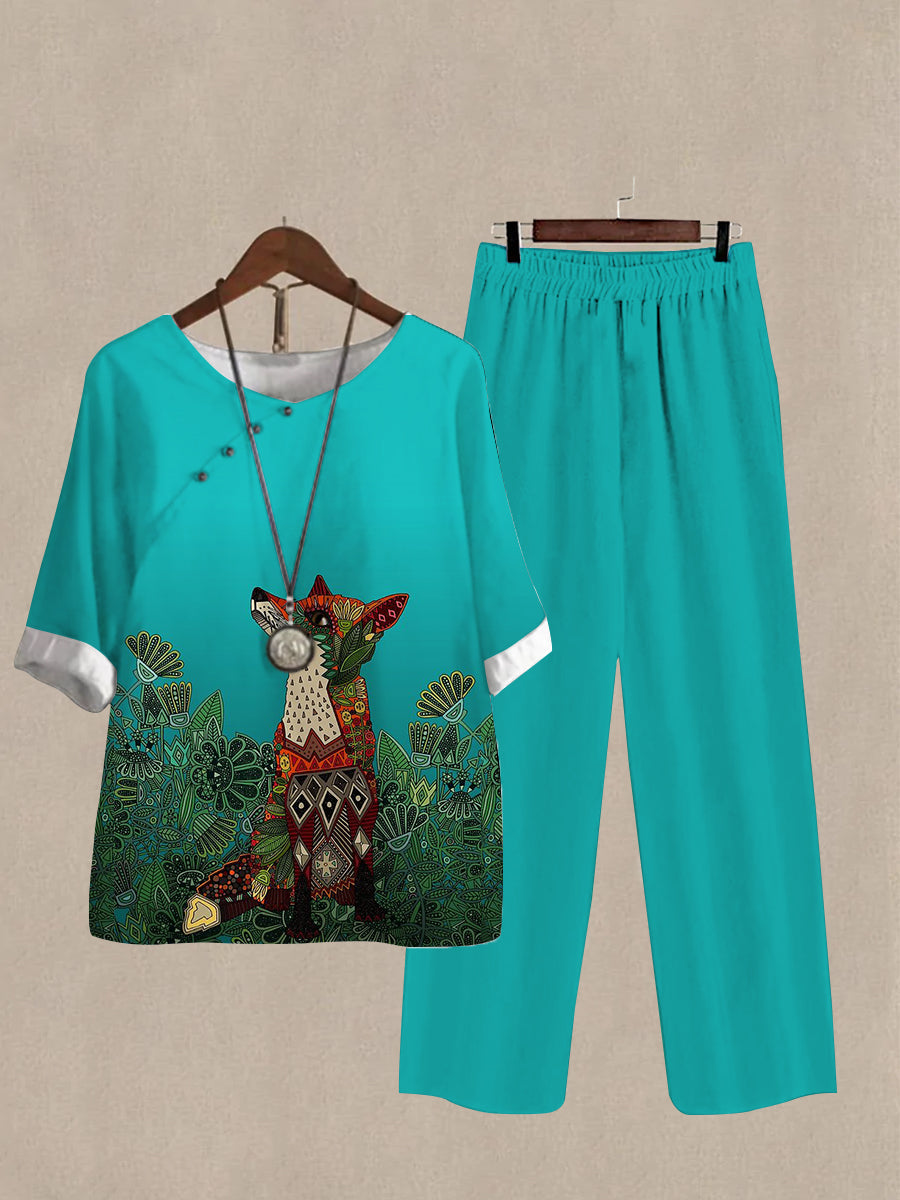 Women's Fox Print Half Sleeve Top And Wide Leg Pants Linen Two Pieces