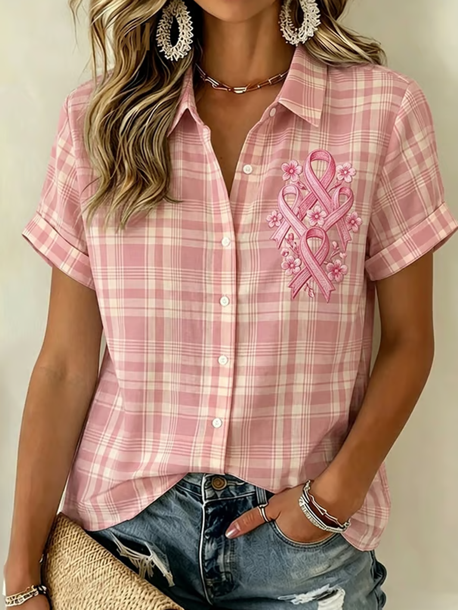Women's Breast Cancer Awareness & Prevention Art Design Plaid Short-Sleeve Shirt