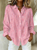 Women'S Pink Printed Lapel Long Sleeved Shirt