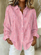 Women'S Pink Printed Lapel Long Sleeved Shirt