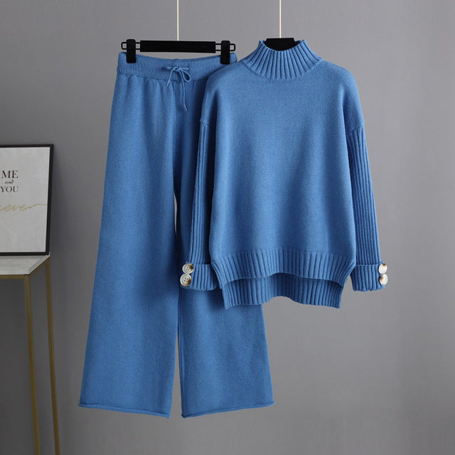 Knitted Women Casual Wide Leg Pants Two Piece Set Loose Button Design Pullover And Drawstring Trouser Ladies Suit Winter Fashion