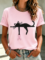 Women'S Pink Ribbon Cat Print Breast Cancer Awareness Short-Sleeved T-Shirt
