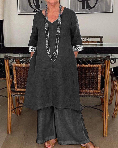 Fashionable Casual Loose V Neck Two Piece Set