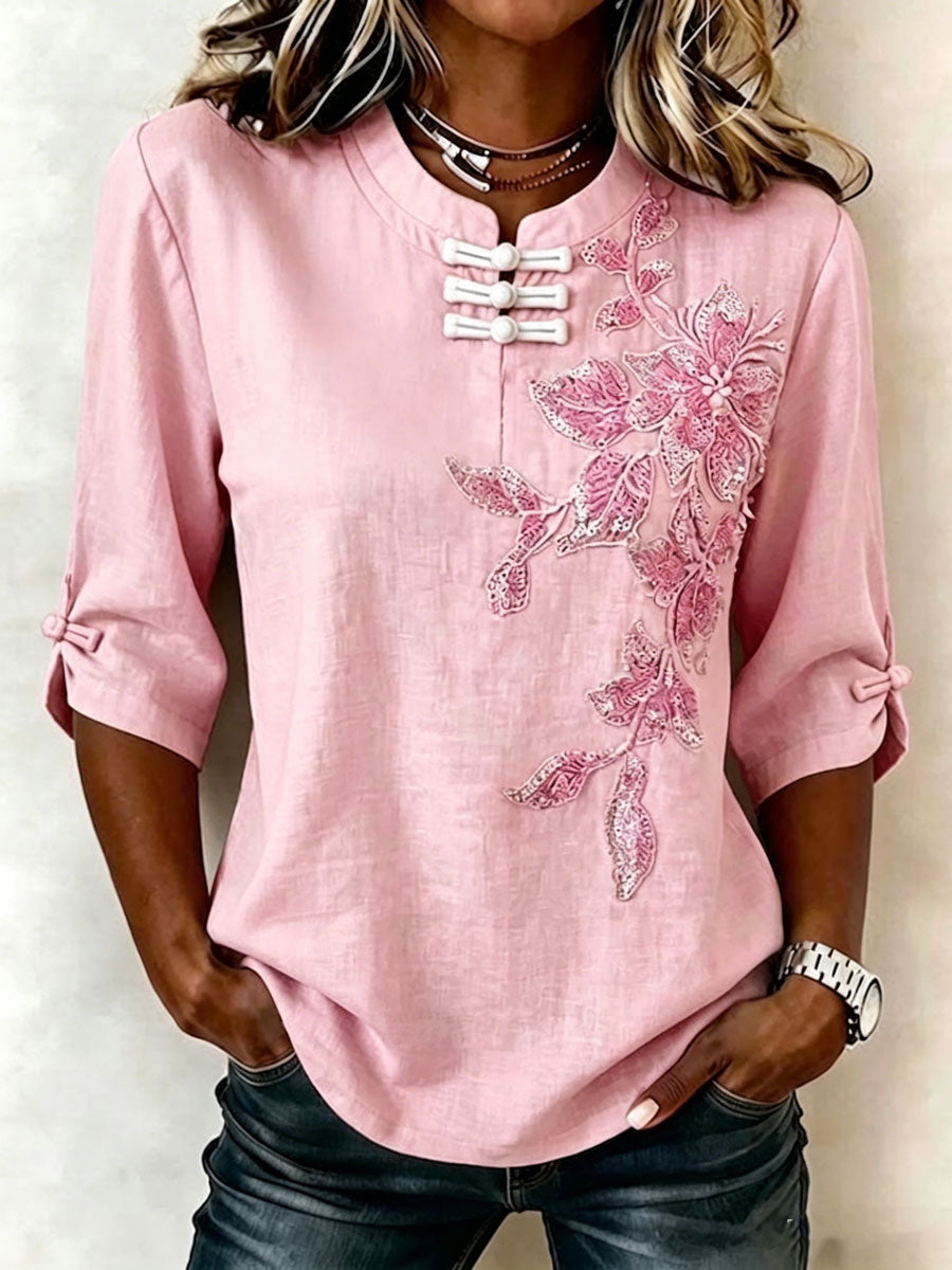 Women'S Cotton Linen Flower Pattern Three Quarter Sleeve Button Top
