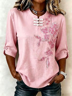 Women'S Cotton Linen Flower Pattern Three Quarter Sleeve Button Top
