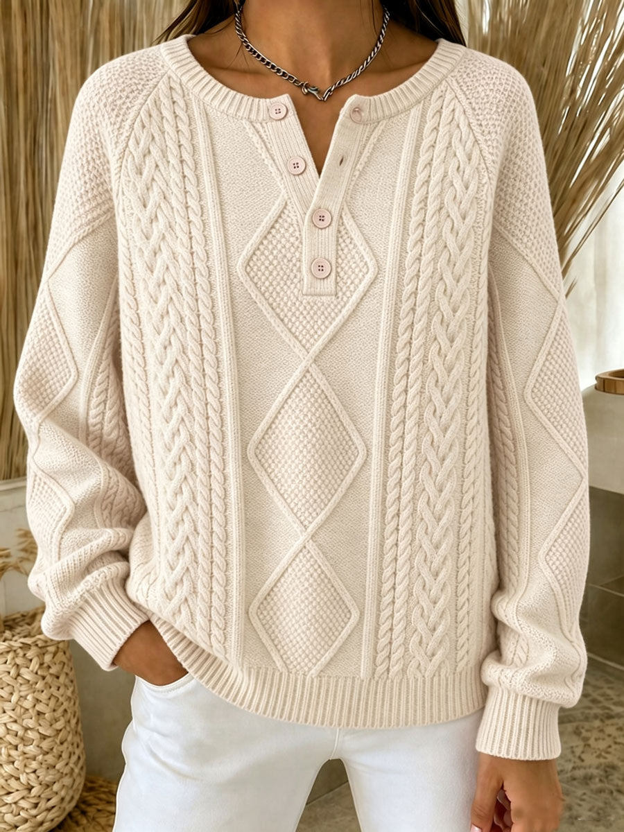 Women'S Casual Printed Henry Button Striped Knitted Top