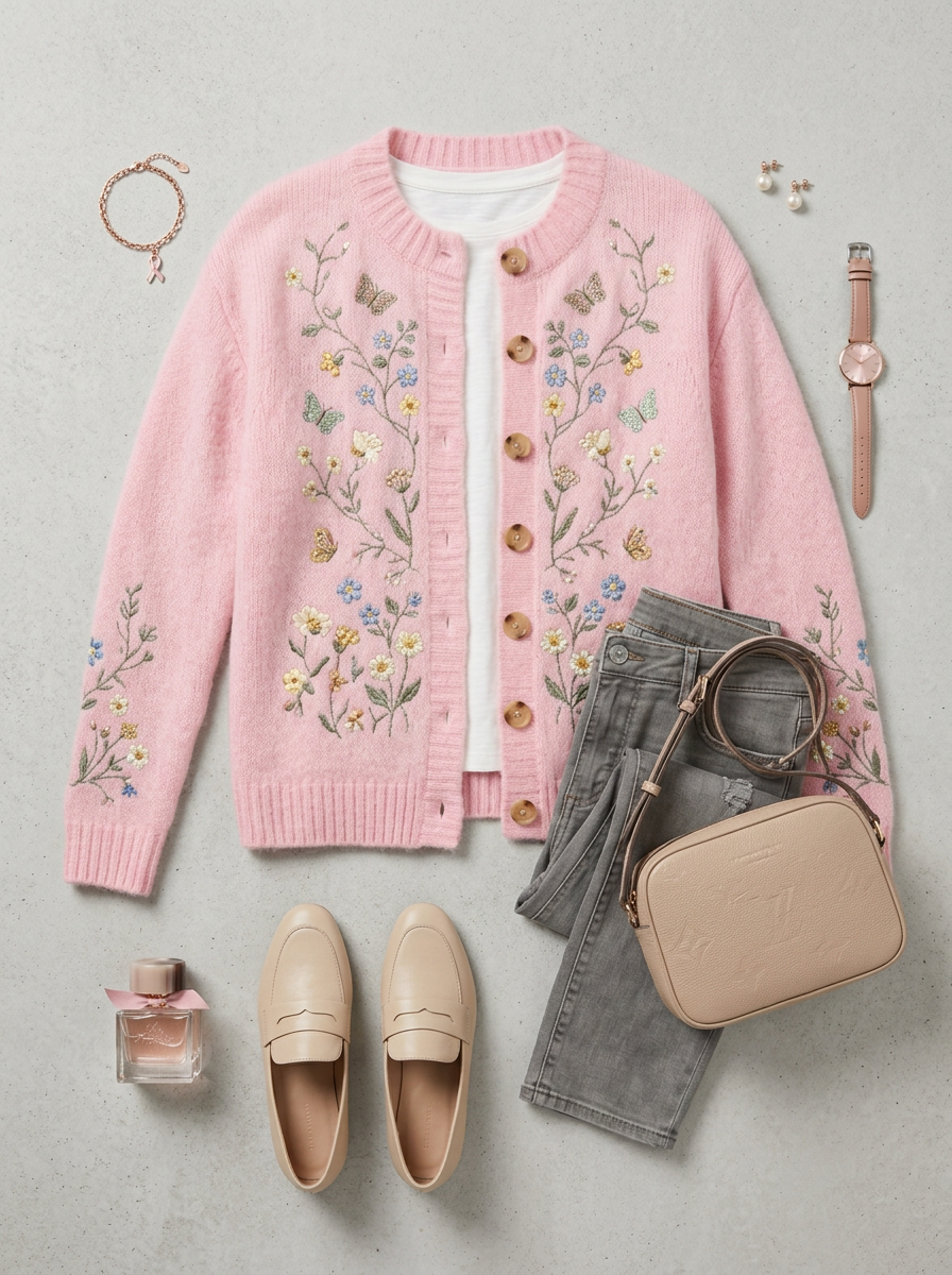 Women's Breast Cancer Awareness Butterfly Floral Embroidered Cardigan