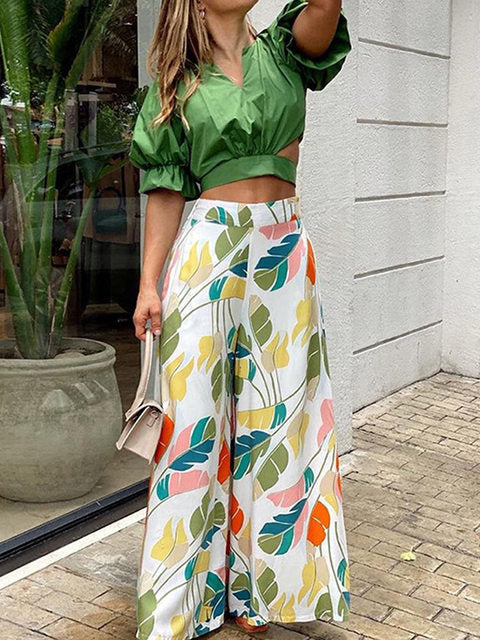 Summer Womens Two Piece Sets Print Long Sleeve Shirt Loose Wide Leg Trousers Suits Female High Waist Turndown Collar Lady Set