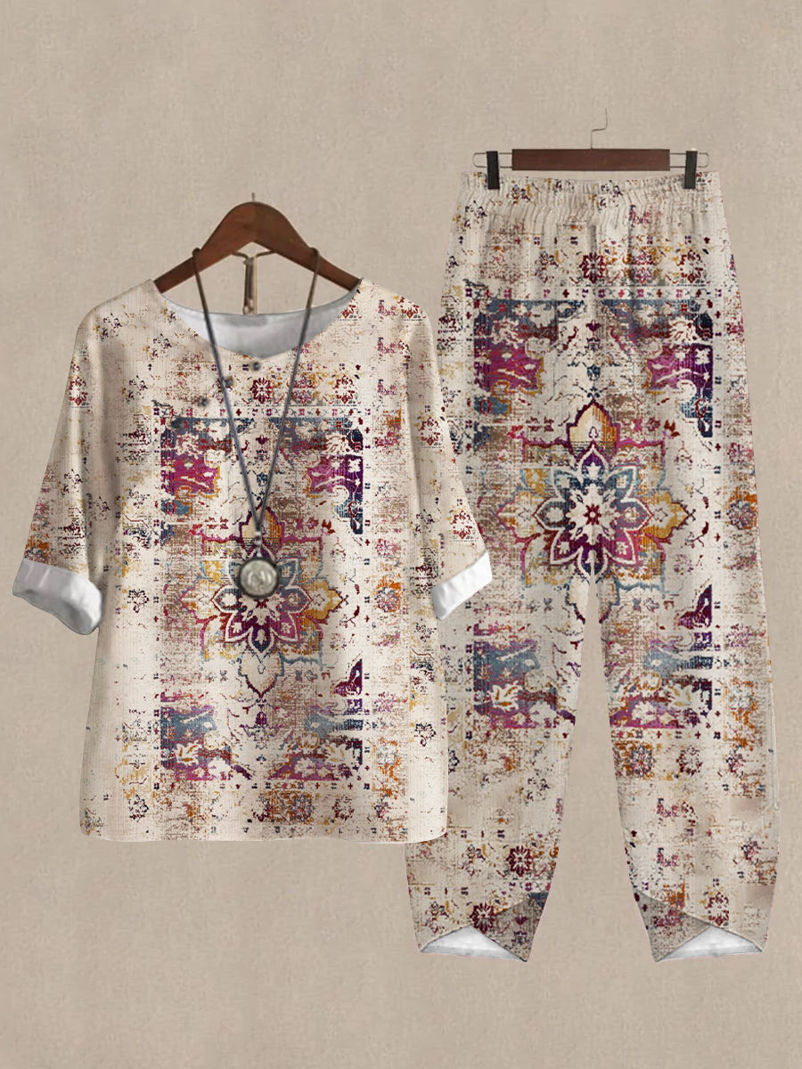 Women's Printed Half Sleeve Top And Casual Pants Linen Two Pieces