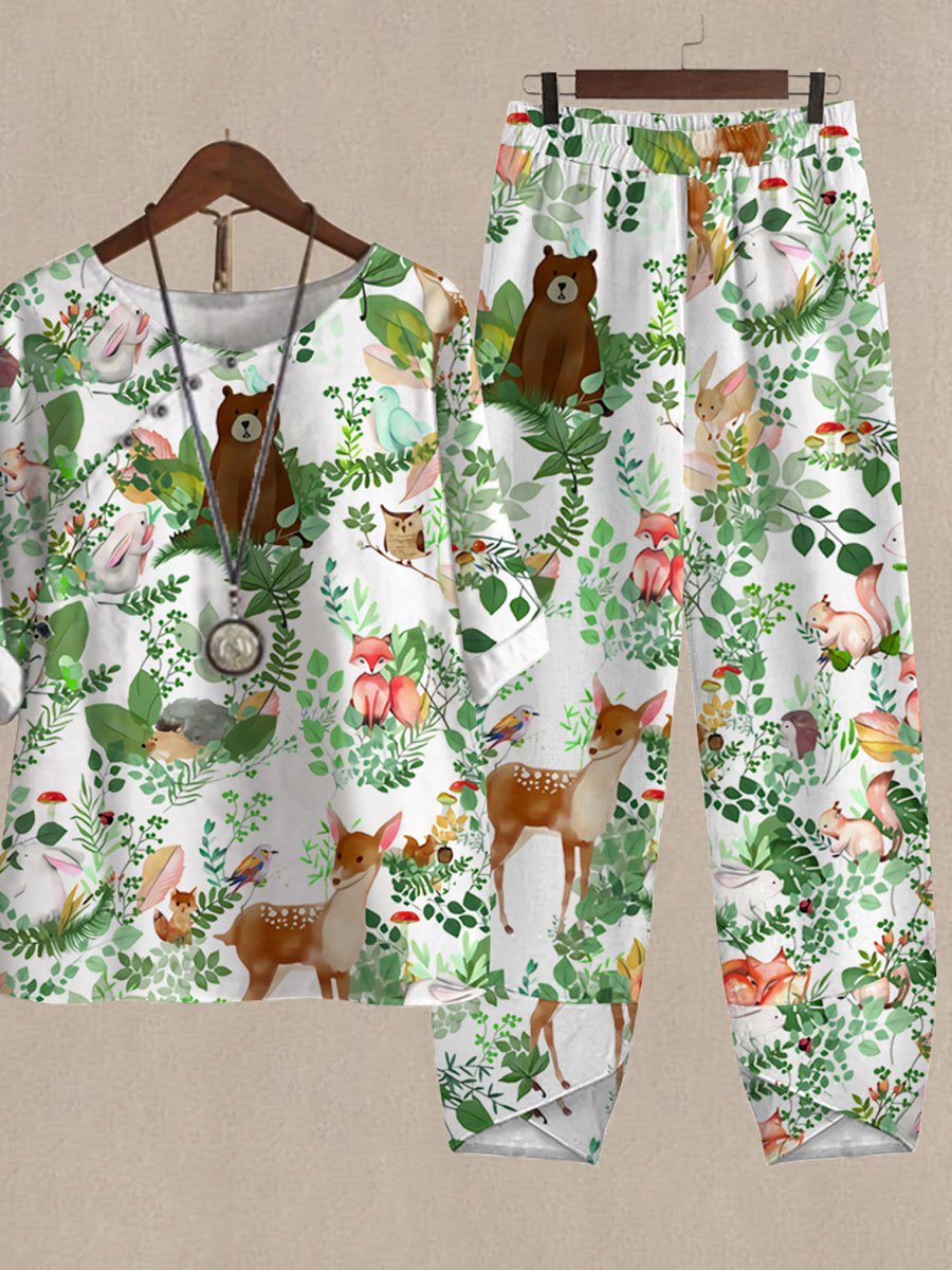 Cartoon Forest Animal Print Casual Two Piece Suits