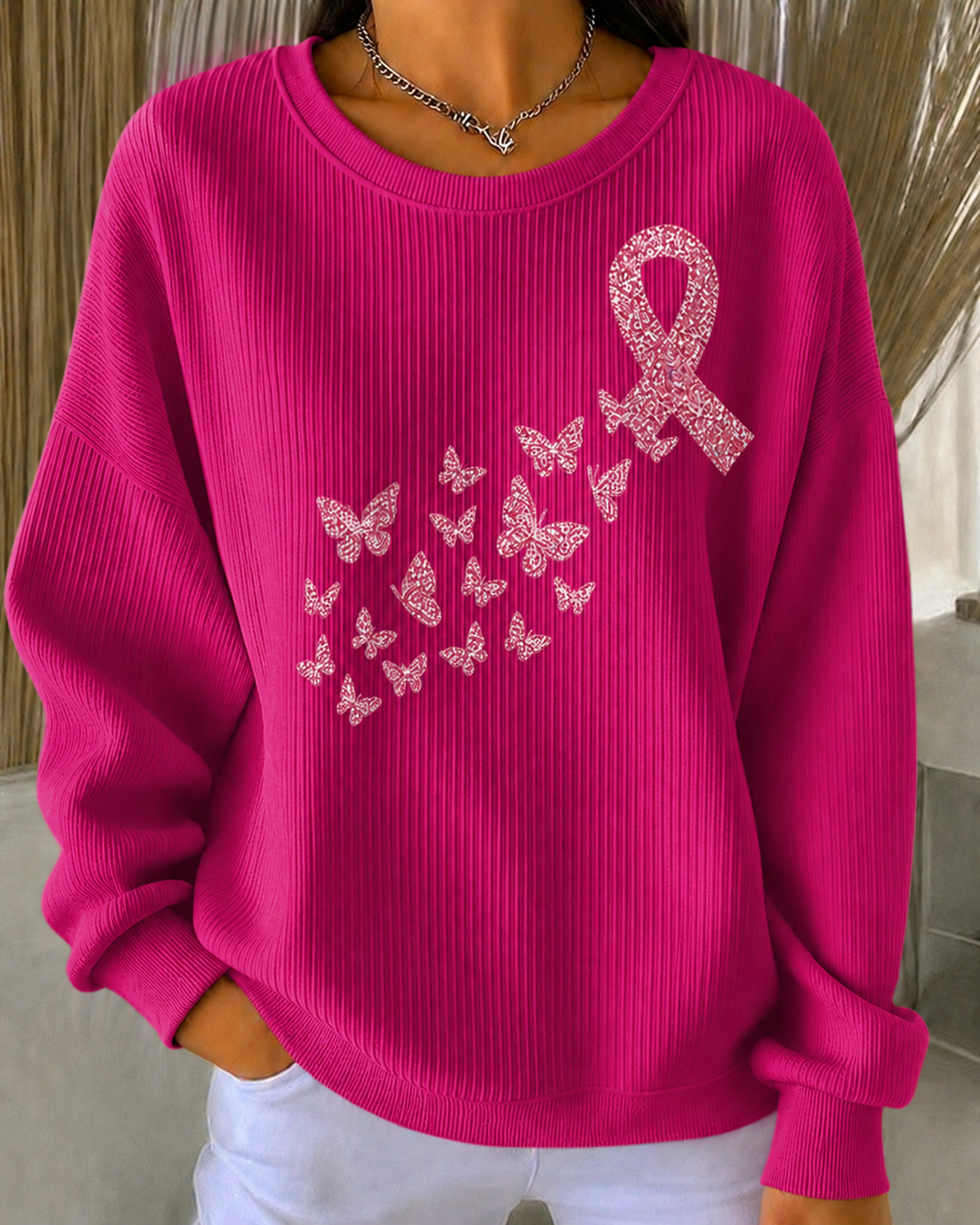 Women'S Breast Cancer Promotional Print Casual Waffle Sweatshirt