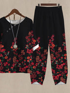 Black Floral Print Casual Two-piece Suits
