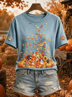 Women's Cute Dogs and Cats Fall Art Print Short-sleeved T-shirt