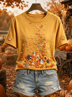 Women's Cute Dogs and Cats Fall Art Print Short-sleeved T-shirt