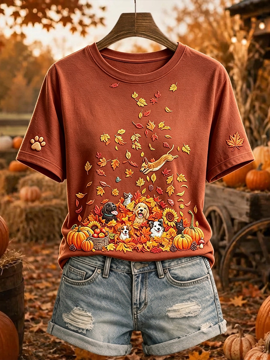 Women's Cute Dogs and Cats Fall Art Print Short-sleeved T-shirt