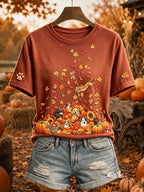 Women's Cute Dogs and Cats Fall Art Print Short-sleeved T-shirt