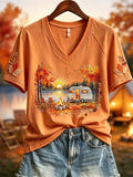 Women's Fall RV Camping Landscape & Maple Leaves Print short-sleeved T-shirt