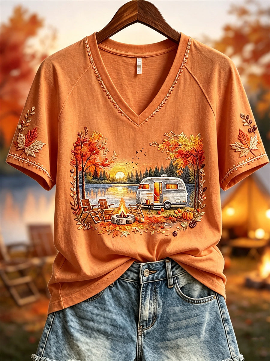 Women's Fall RV Camping Landscape & Maple Leaves Print short-sleeved T-shirt