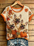 Women's Autumn Dogs Print Casual Tee