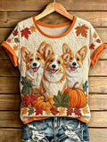 Women's Autumn Dogs Print Casual Tee