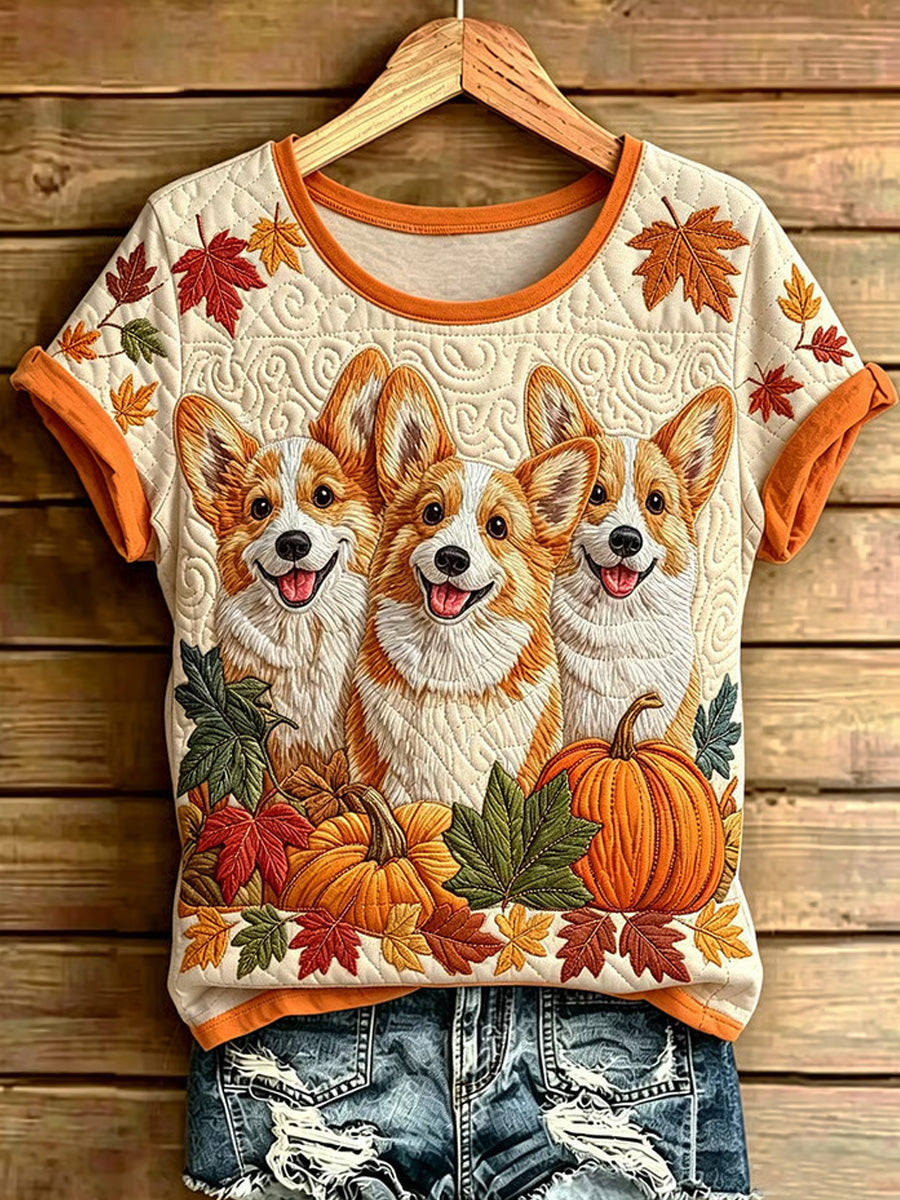 Women's Autumn Dogs Print Casual Tee