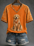Women's Autumn Dog Print T-shirt