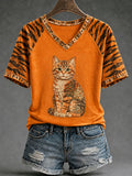 Women's Autumn Cat Print T-shirt