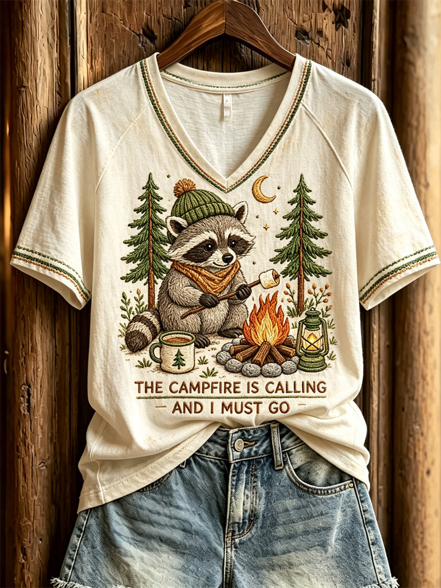 Women's The Campfire is Calling and I Must Go Camping Raccoon Print short-sleeved T-shirt