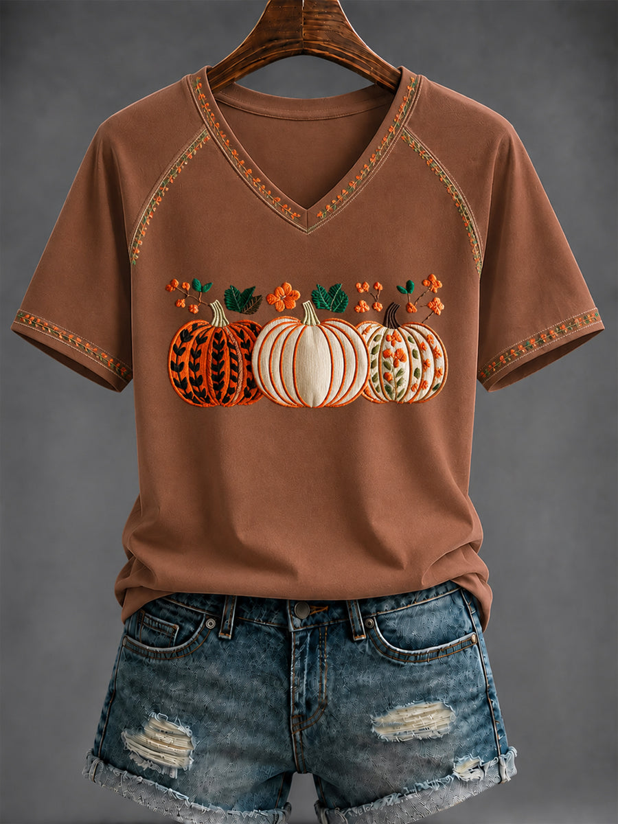 Women's Autumn Art Printed V-neck T-shirt