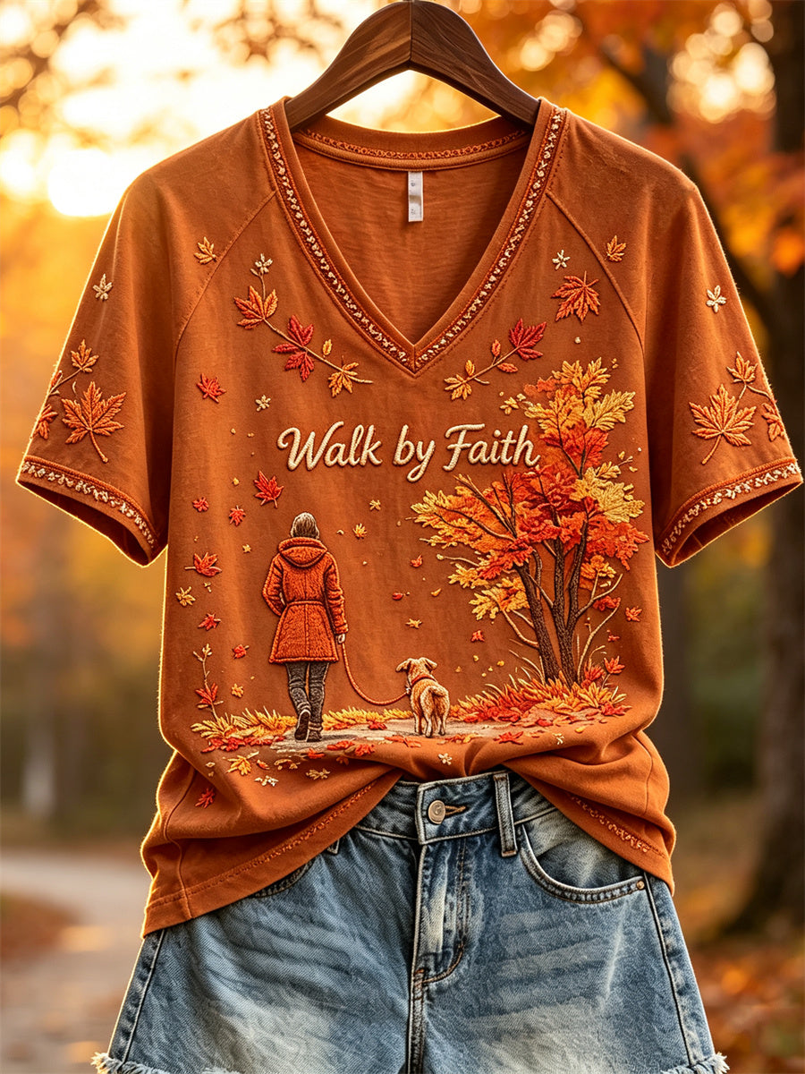 Women's Walk by Faith Fall Walking the Dog Print short-sleeved T-shirt