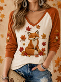 Women's Hello Fall Cute Fox Print Casual Long Sleeve T-Shirt