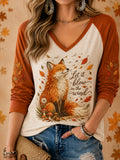 Women's Hello Fall Let It Blow In The Wind Fox Print Casual Long Sleeve T-Shirt