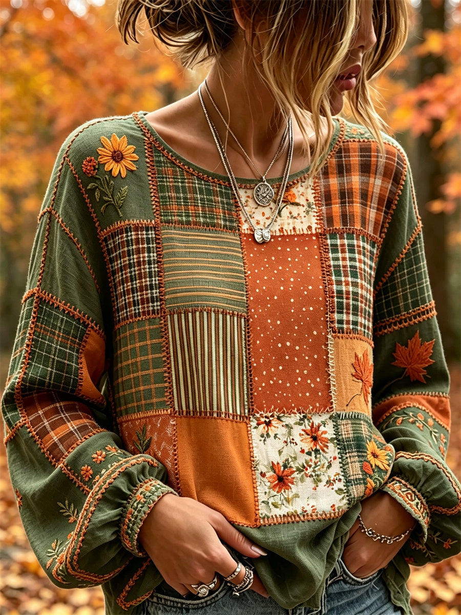 Women's Vintage Fall Fallen Leaves Floral Colorblock Patchwork Print Cotton-Linen Shirt