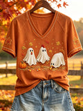 Women's Fall Farm Chicken Ghosts Pumpkins & Leaves Print short-sleeved T-shirt