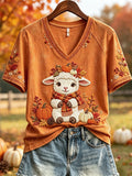 Women's Fall Farm Sheep Pumpkins & Leaves Print short-sleeved T-shirt