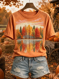 Women's Vintage Fall Trees Print Cozy Short-sleeved T-shirt