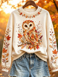 Women's Owl Fall Leaves Art Forest Plants Print Sweatshirt