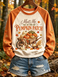 Women's Autumn Pumpkin Patch Print Contrast Color Raglan Sleeve Sweatshirt