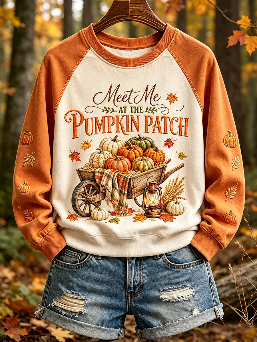 Women's Autumn Pumpkin Patch Print Contrast Color Raglan Sleeve Sweatshirt