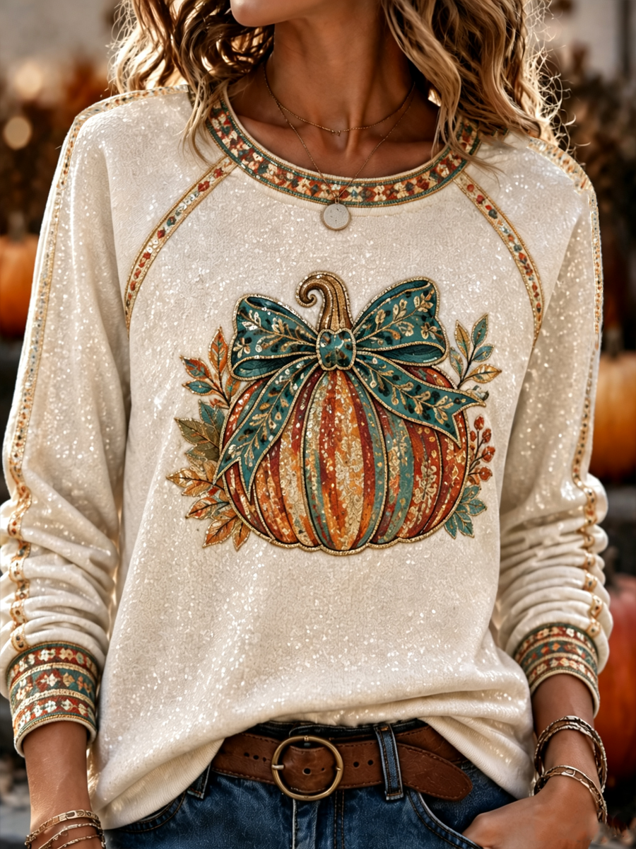 Women's Autumn pumpkin print raglan sleeve sweatshirt
