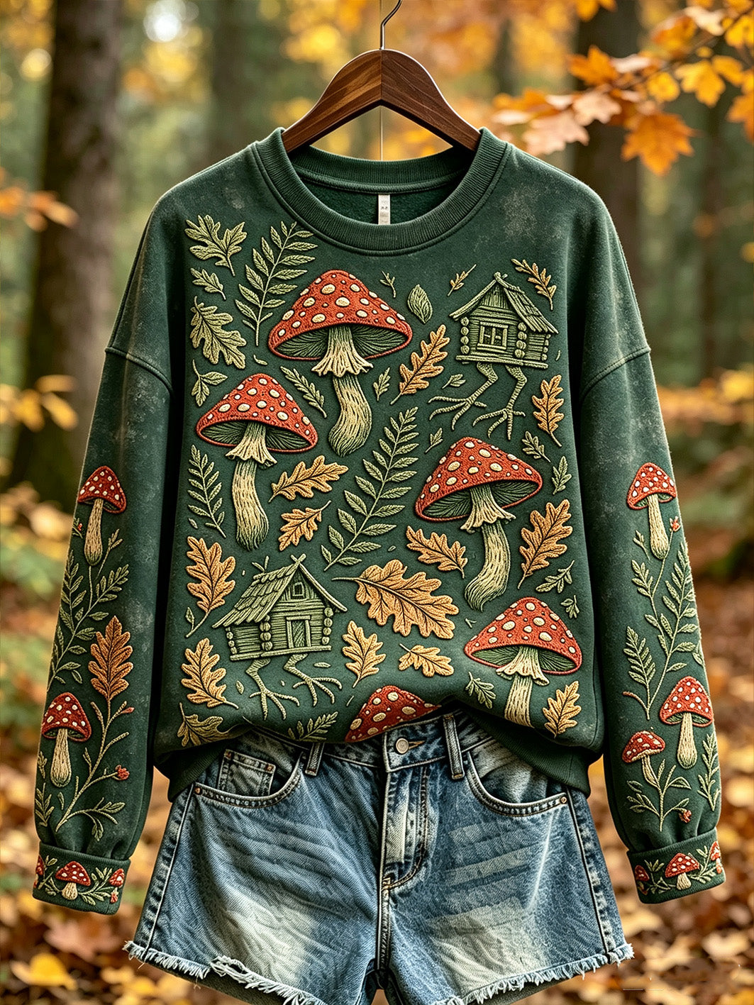 Women's autumn forest mushroom pattern printed casual sweatshirt