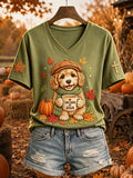 Women's Jesus Loves Dog Fall Leaves Print Short-sleeved T-shirt
